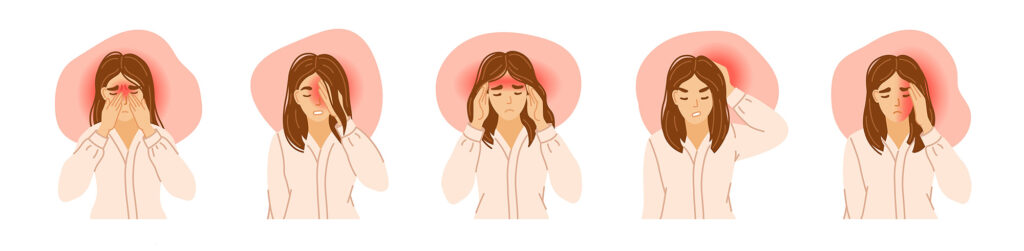 Woman with headache and migraine – illustration of different areas of pain