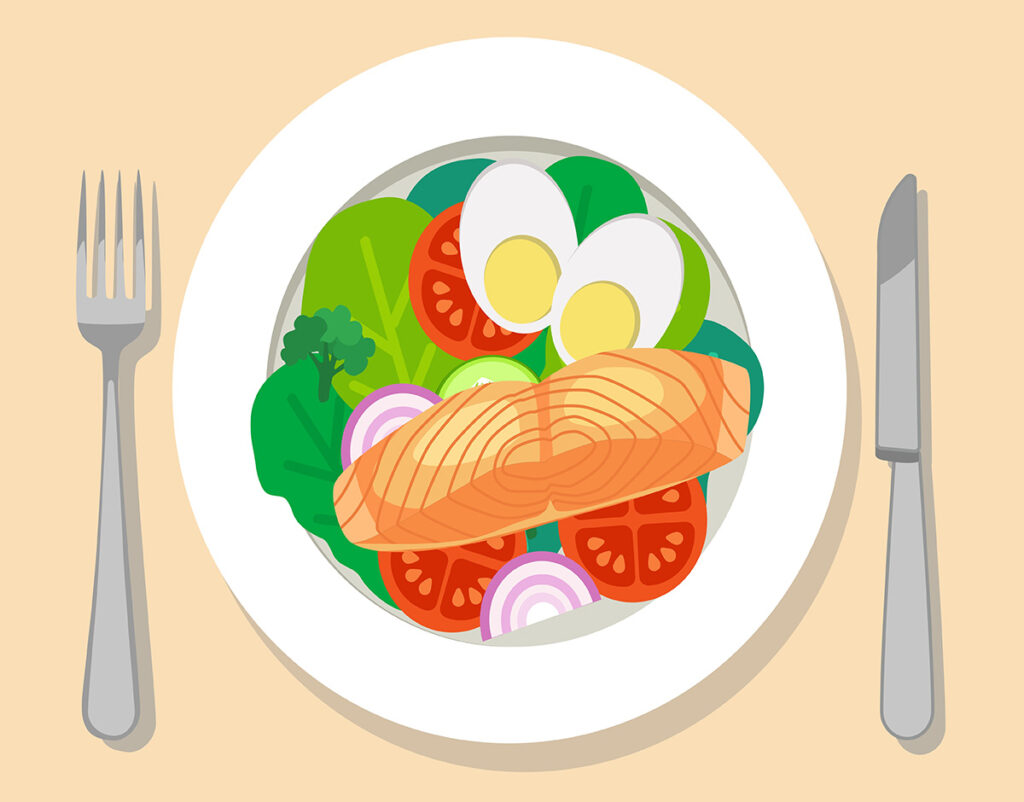 Salmon, salad, eggs – healthy diet image for joint pain management